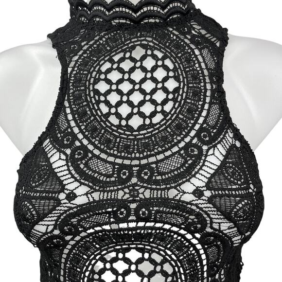 Windsor Black Crochet Open Knit High Neck Zip Sleeveless Crop Tank Top Size S - Picture 3 of 4